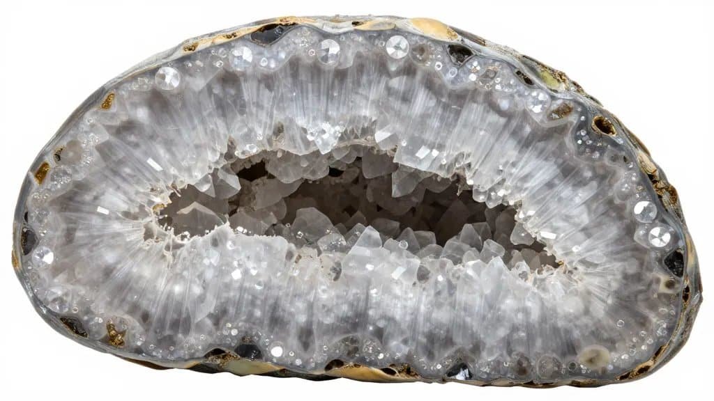 closeup quartz geode cross-section showing sparkling druzy