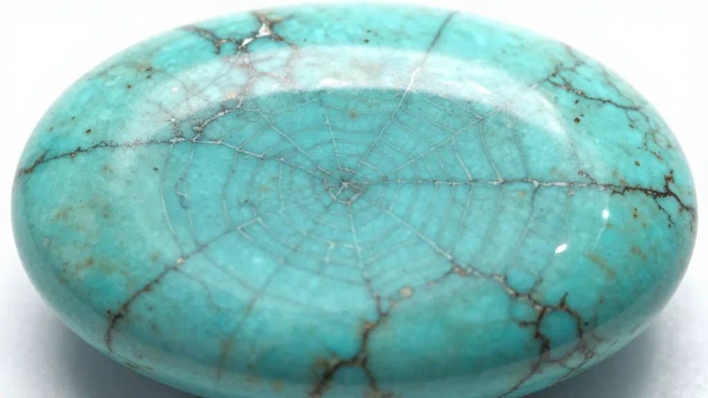 closeup turquoise cabochon with natural spiderweb matrix pattern