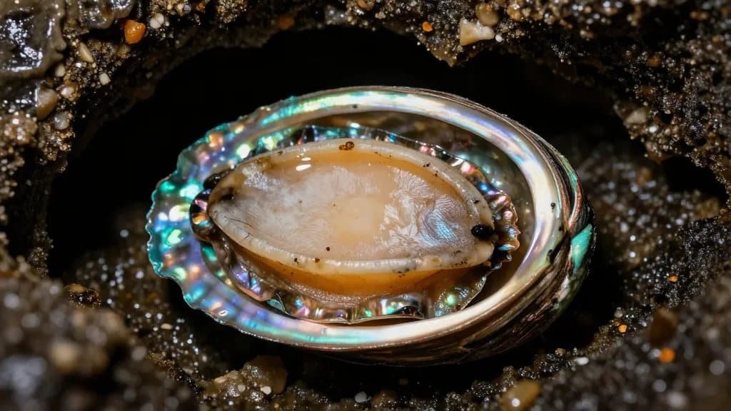 closeup of iridescent abalone shell fragment in sea cave light