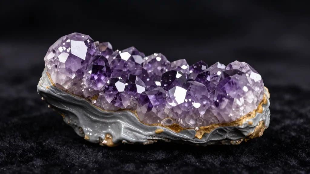 geode cross-section with amethyst crystals on black velvet backdrop