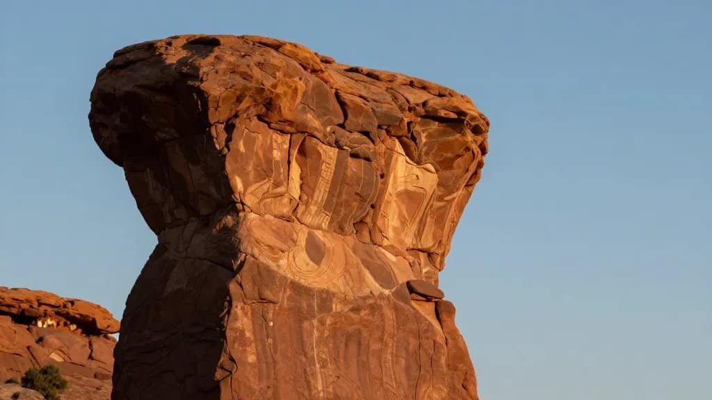 closeup of sandstone hoodoo pillar, golden hour side-light