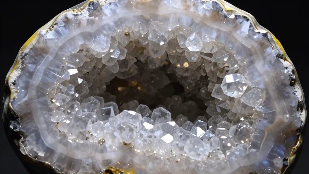 tight shot of quartz geode face, sparkling crystal interior